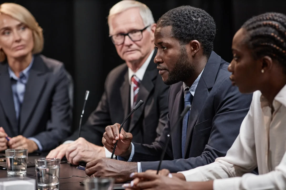 Panel of speakers seated at a table with microphones at a conference event